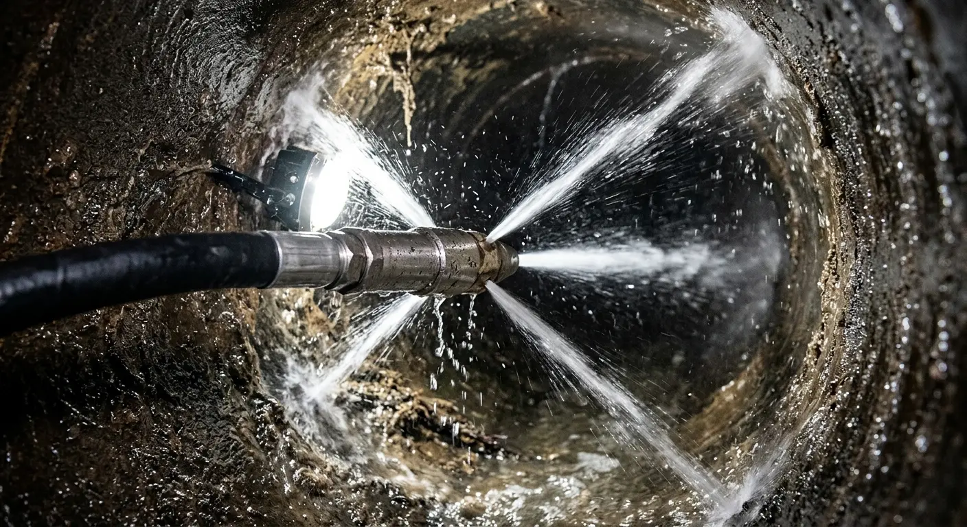 High-pressure hydro jetting nozzle cleaning sewer pipe for Storm Drain Cleaning in Idaho Falls
