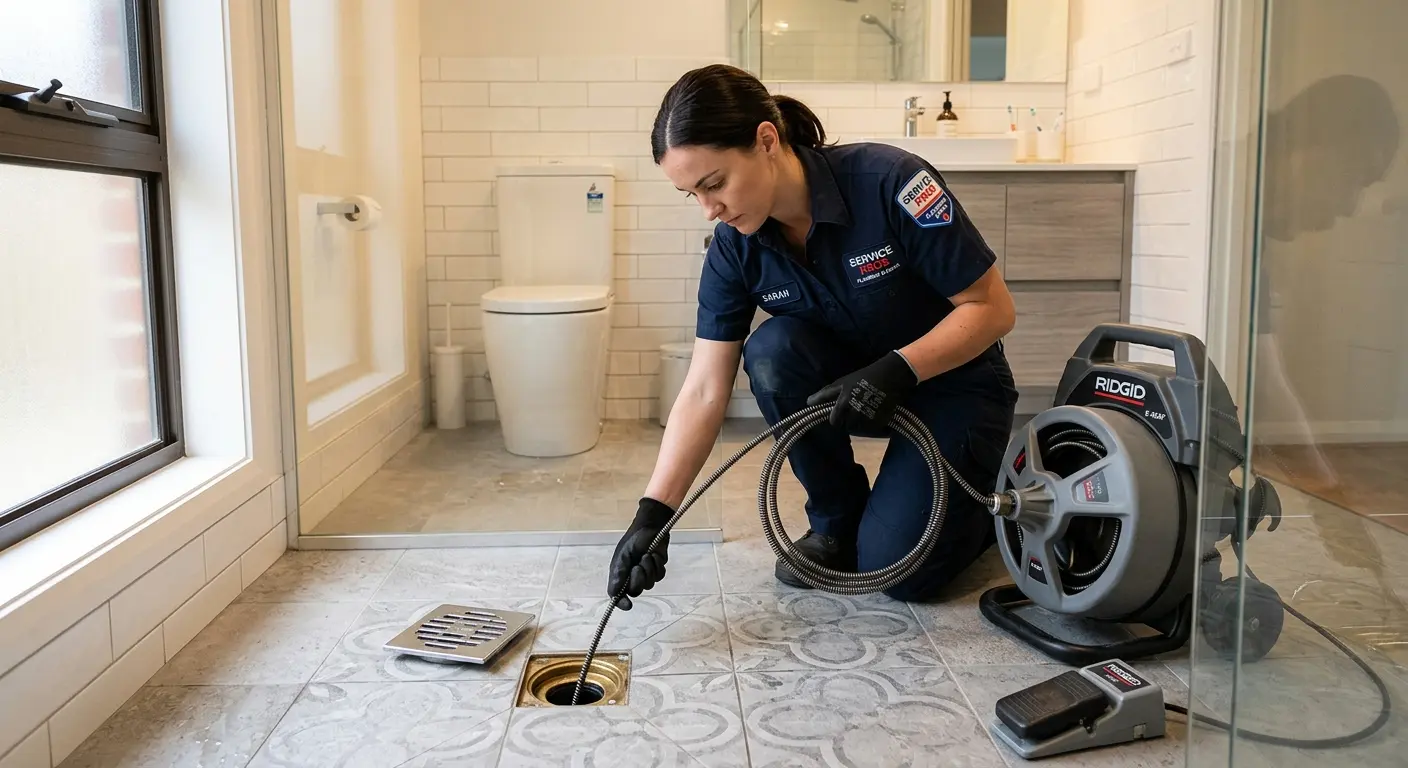 Technician clearing a bathroom floor drain for Sewer Line Installation in Idaho Falls